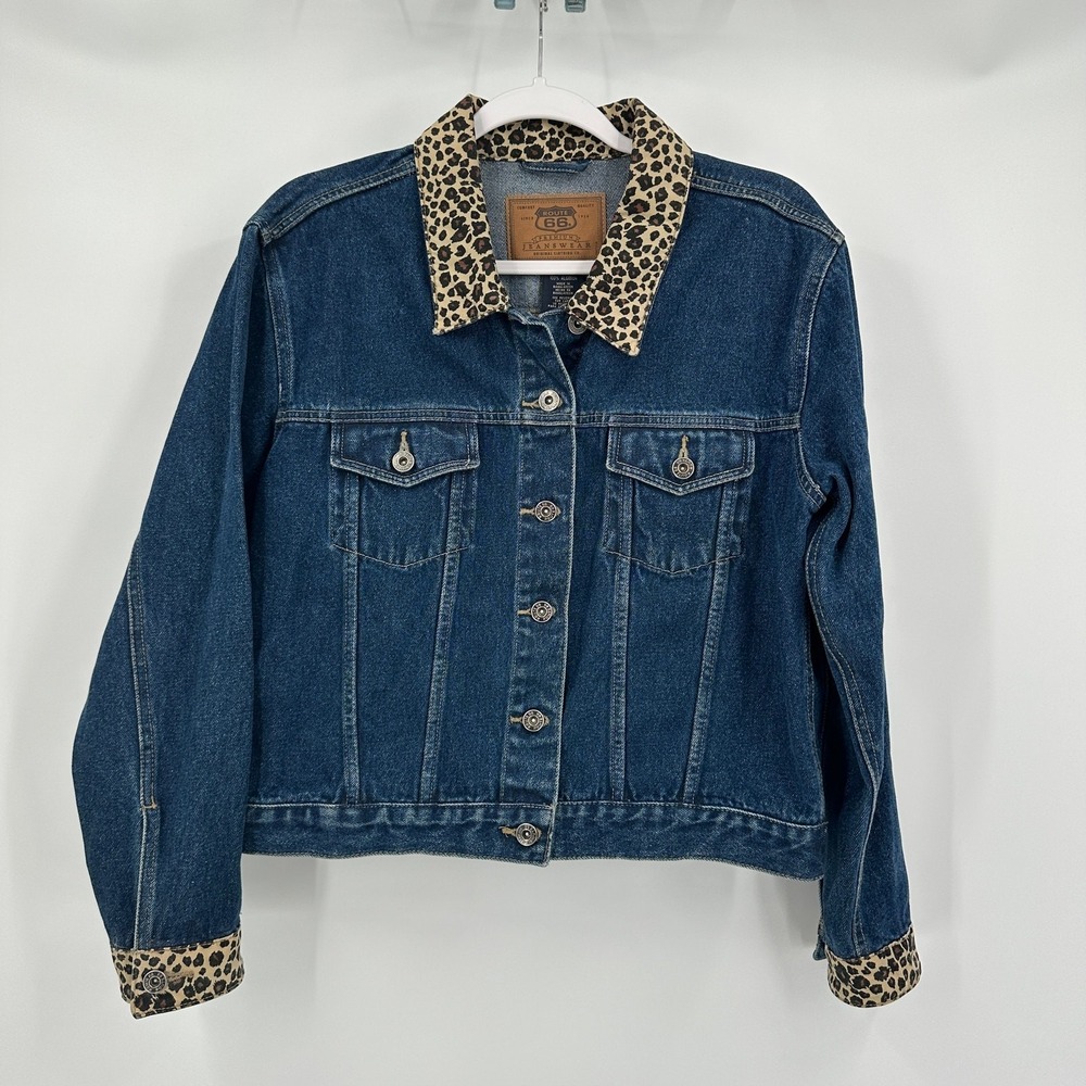 Womens Vintage Y2K Denim Jacket Size M Animal Print Trim Indie Grunge Edgy